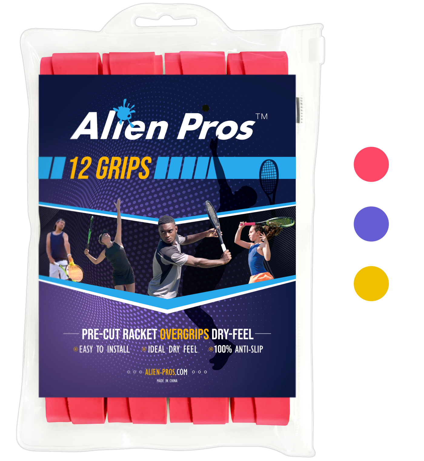 [X-Dry] Solid Color Racket Grip Tape for Tennis (12 Grips, Various Colors)